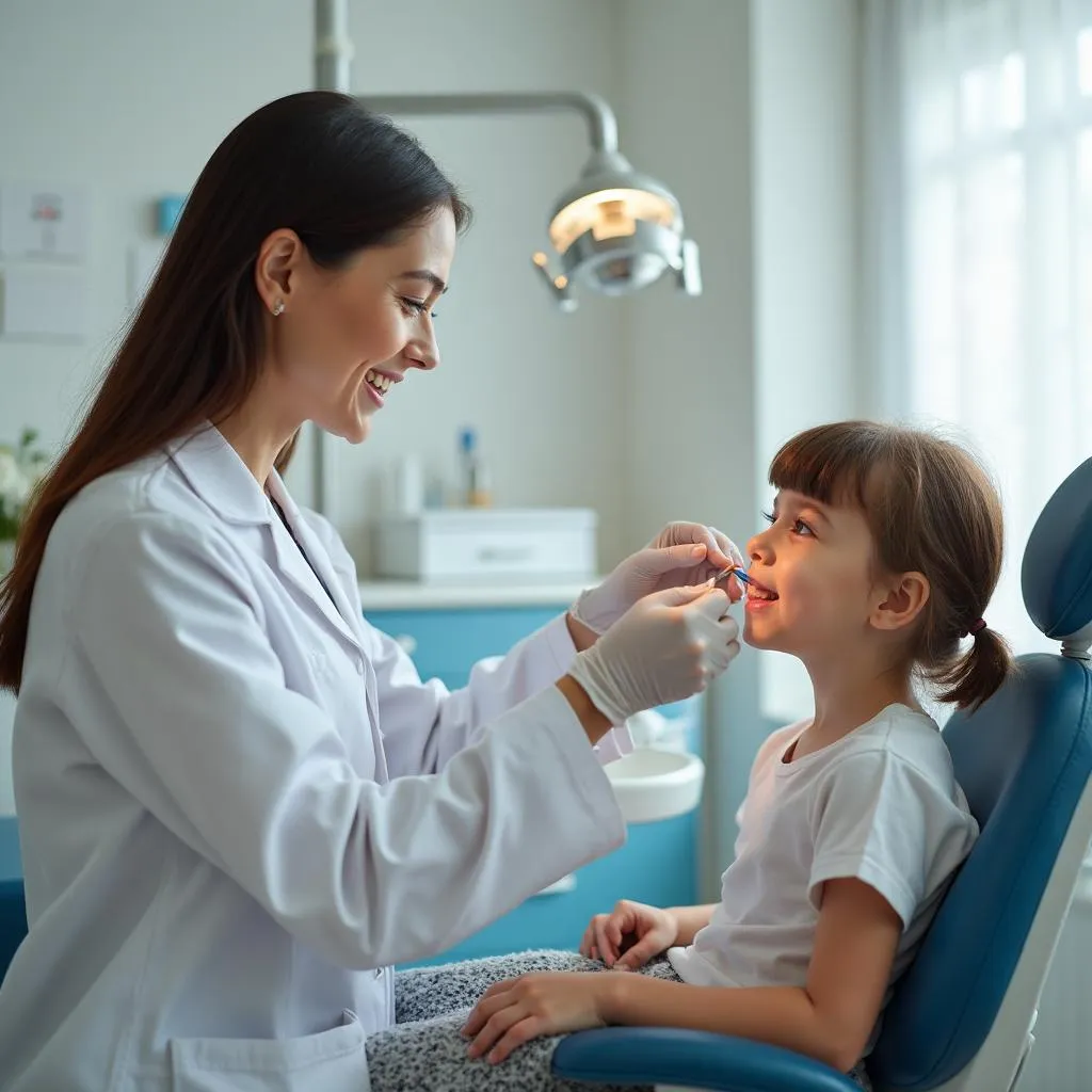 Dentista atendendo criança em consulta odontológica representando o plano Amil Dental K25 Infantil